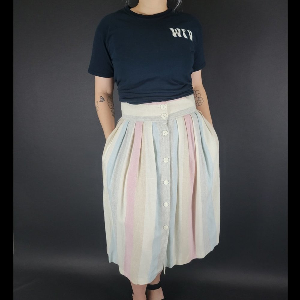 70s/80s Muted Pastel Striped Button Front Pleated Skirt